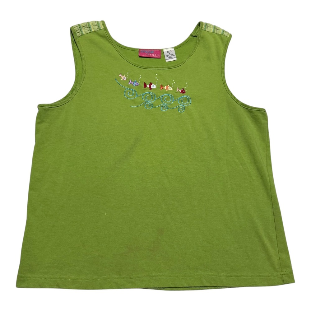 Vintage 2000s Onque Casuals Green‎ Fish Emboridered Tank Top Women's M FLAW